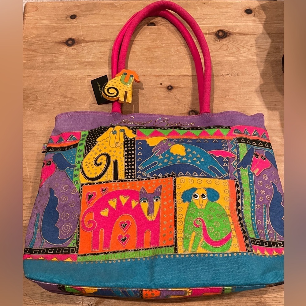 NWT VTG Vibrant Laurel Burch Dog Cat Animal Sparkly Canvas Tote Purse Bag